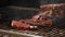 Chef preparing Thick beef steak on the grill. Slow motion.