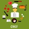 Chef profession with kitchen stuff icons