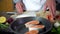 Chef putting salmon fish on pan for cooking