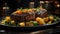 Chef in restaurant kitchen cooking preparing beef steak