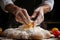 Chef\\\'s hands cracking an egg into a mound of flour, beginning preparation