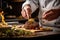 Chef\\\'s Hands-On Culinary Artistry: Appetizing Beef Steak Plating Close-Up in Restaurant Kitchen with Bokeh and Natural Light