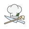 Chef`s hat with crossed kitchen knife and cooking spoon isolated vector illustration