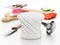Chef`s hat, cutting board, knives and vegetable slices. 3D illustration