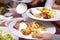 Chef serves portions of food at a party