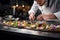 A chef skillfully prepares food on a cutting board, showcasing their culinary expertise in the kitchen, gourmet dish being