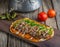Chef Special Shawarma served in wooden board side view on wooden table background