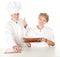 Chef with thumb up examining cook,