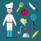 Chef and tools character, Set kitchen shelves and cooking utensils vector flat design cartool illustration