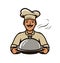 Chef with tray logo. Restaurant, diner, food service vector illustration