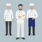 Chef and two cook in uniform standing together. Cooking people characters.