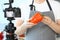 Chef Vlogger Showing Camcorder Orange Pepper