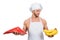 Chef in a white apron holding meat and bananas