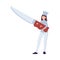 Chef woman holding giant knife - cartoon cook in white uniform and hat