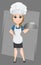 Chef woman holding restaurant cloche. Cute cartoon character cook.