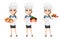 Chef woman set. Cute cartoon character cook with pizza, cake and sushi.