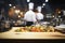 Chefs artistry in the kitchen, wood table defocused in the backdrop