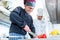 Chefs cooking and cutting vegetables and tomatoes