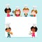 Chefs kids cooking classes template vector illustration. Cartoon characters kids in hats around empty list of paper for
