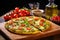 chefs special pizza with olive oil on wooden platter