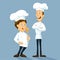Chefs in uniform standing and smiling. - Professional master hold wooden spoon vector