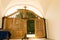 Cheia, Romania - August 15, 2018: Beautiful wood doors at the entrance gate of Cheia Monastery in Cheia, Prahova, Romania.