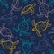 Cheloniidae. Seamless pattern with turtles. Linear graphics. Animal world under water. Ocean.