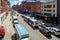 Chelsea city Street with cars and bus, New York City, view from the High Line Rooftop Park, New York City