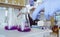 Chemical analysis laboratory. Flask with boiling solution