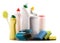 Chemical cleaning supplies on white