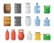 Chemical containers, drums, barrels. Steel storage cask for oil fuel. Beer keg. Wood gallon canister. Gas and petroleum