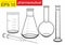 Chemical cups, pharmacist, medicine, syringe. Chemicals in laboratory glassware. Vector illustration for graphic and web design.
