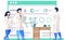 Chemical experiments. Chemists monitoring research progress. Model of chemical compounds on poster