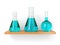 Chemical flasks on the shelf. Reagent in lab,