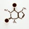 Chemical formula of Caffeine. Cups of espresso, beans and coffee powder. Art food. Top view