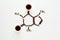 Chemical formula of Caffeine. Cups of espresso, beans and coffee powder. Art food. Top view