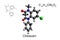 Chemical formula, skeletal formula, and 3D ball-and-stick model of anticonvulsant medication clobazam, white background