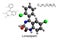 Chemical formula, skeletal formula, and 3D ball-and-stick model of medication lorazepam, white background