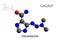 Chemical formula, structural formula and 3D ball-and-stick model of the anticancer drug dacarbazine, white background