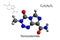 Chemical formula, structural formula and 3D ball-and-stick model of the anticancer drug temozolomide, white background