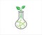 chemical glass with atom electron trajectory inside and plant sprout for agriculture biotechnology laboratory vector logo design