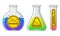 Chemical glass flasks of different forms with blue, green and pink liquids. Yellow label with novichok indicated. Nerve agent