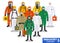 Chemical industry concept. Group different workers standing together in differences protective suits on white background
