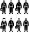 Chemical industry concept. Set of different silhouettes workers in differences protective suits on white background in flat style.