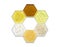 Chemical ingredient in hexagonal molecular shaped container. Curcuma Powder, Sulfur Powder, Flake Salt, Candelilla Wax, Cetyl