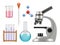 Chemical lab items. Science laboratory collection bottles microscope glass tubes biology vector realistic tools