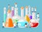 Chemical laboratory experiments in science, test tube, flask and scientists conduct research in chemistry or medicine