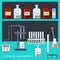 Chemical Laboratory. Flat design. Chemical glassware, measuring utensils, ion electrode, test pH paper, laboratory bench. Vector