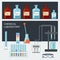 Chemical Laboratory. Flat design. Chemical glassware, measuring utensils, ion electrode, test pH paper. Vector