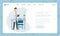 Chemical laboratory flat landing page template. Researcher, scientist in white coat describing chemical reaction results